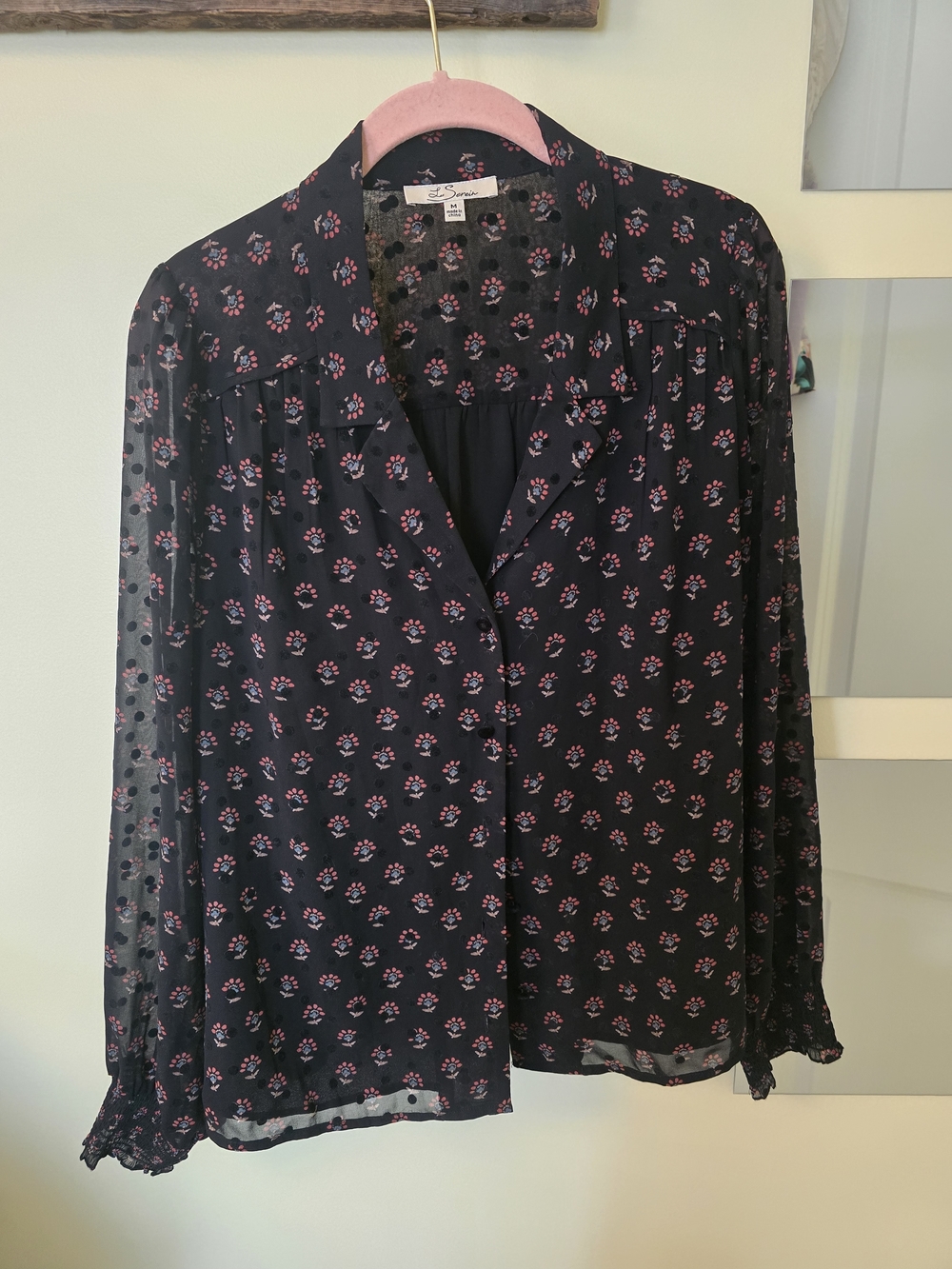 Black Sheer Floral Button-Front Blouse with Pink Accents